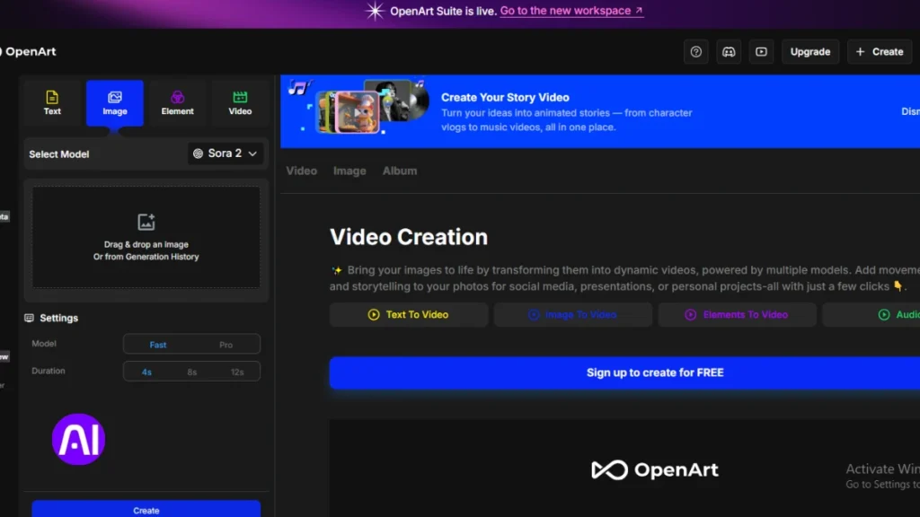 A screenshot of the OpenArt video creation dashboard. The interface is in dark mode, showing options for "Text to Video" and "Image to Video." A sidebar allows users to select models like "Sora 2" and adjust settings for video duration.