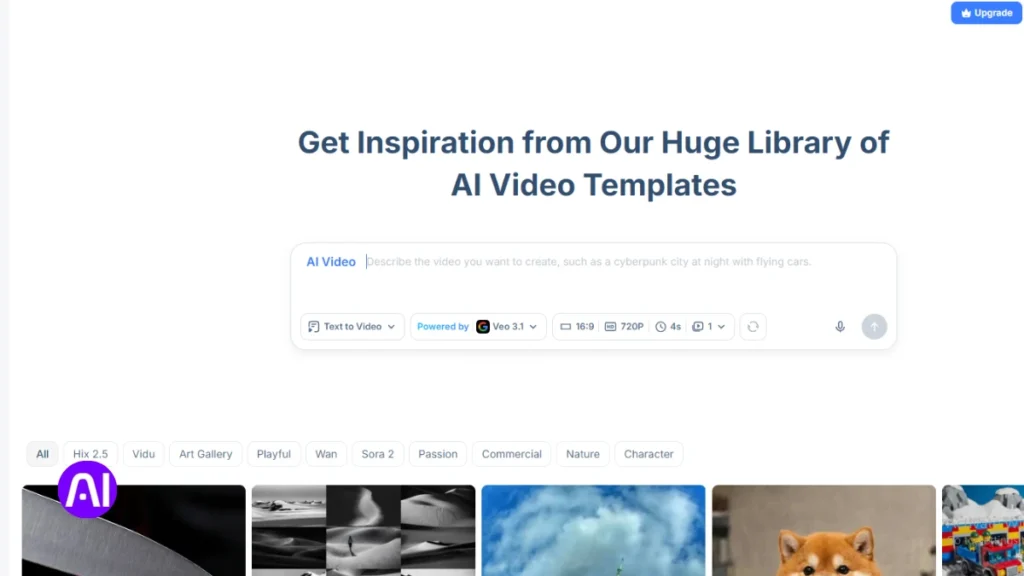 A user interface showing a library of AI video templates. A search bar allows users to describe a video to create, with options for "Text to Video" and a "Powered by Veo 3.1" badge. Category tags like "Commercial," "Nature," and "Character" are visible below.