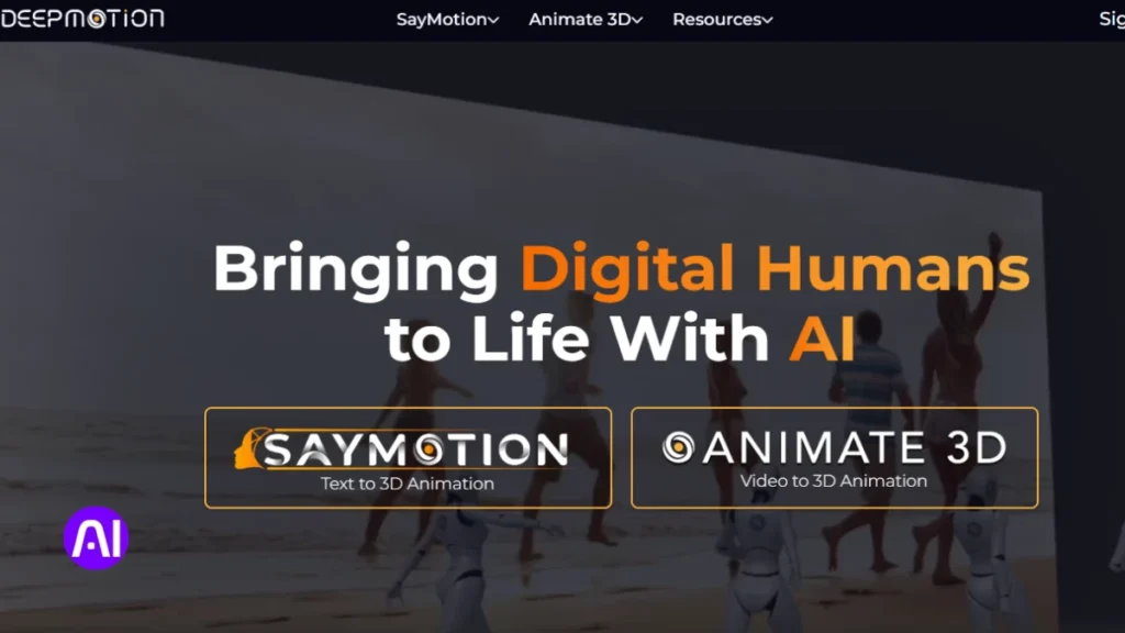 A screenshot of the DeepMotion website with the slogan "Bringing Digital Humans to Life With AI." It highlights two main features: "SayMotion" for text-to-3D animation and "Animate 3D" for video-to-3D animation, set against a dark background with silhouettes of moving figures.