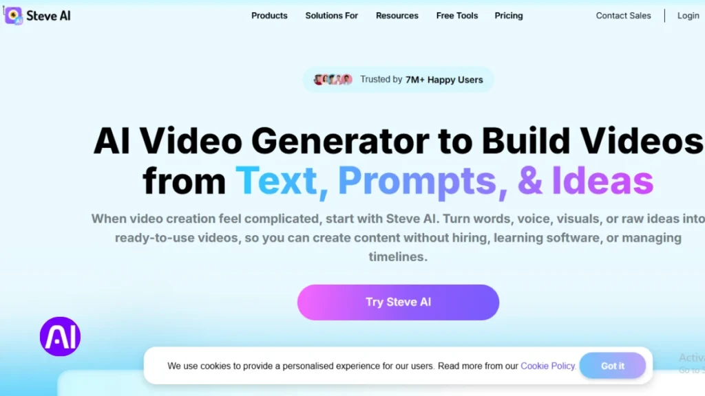 A screenshot of the Steve AI homepage featuring the headline "AI Video Generator to Build Videos from Text, Prompts, & Ideas." The interface is bright and clean, showing a "Try Steve AI" button and a notification stating they are trusted by over 7 million users.
